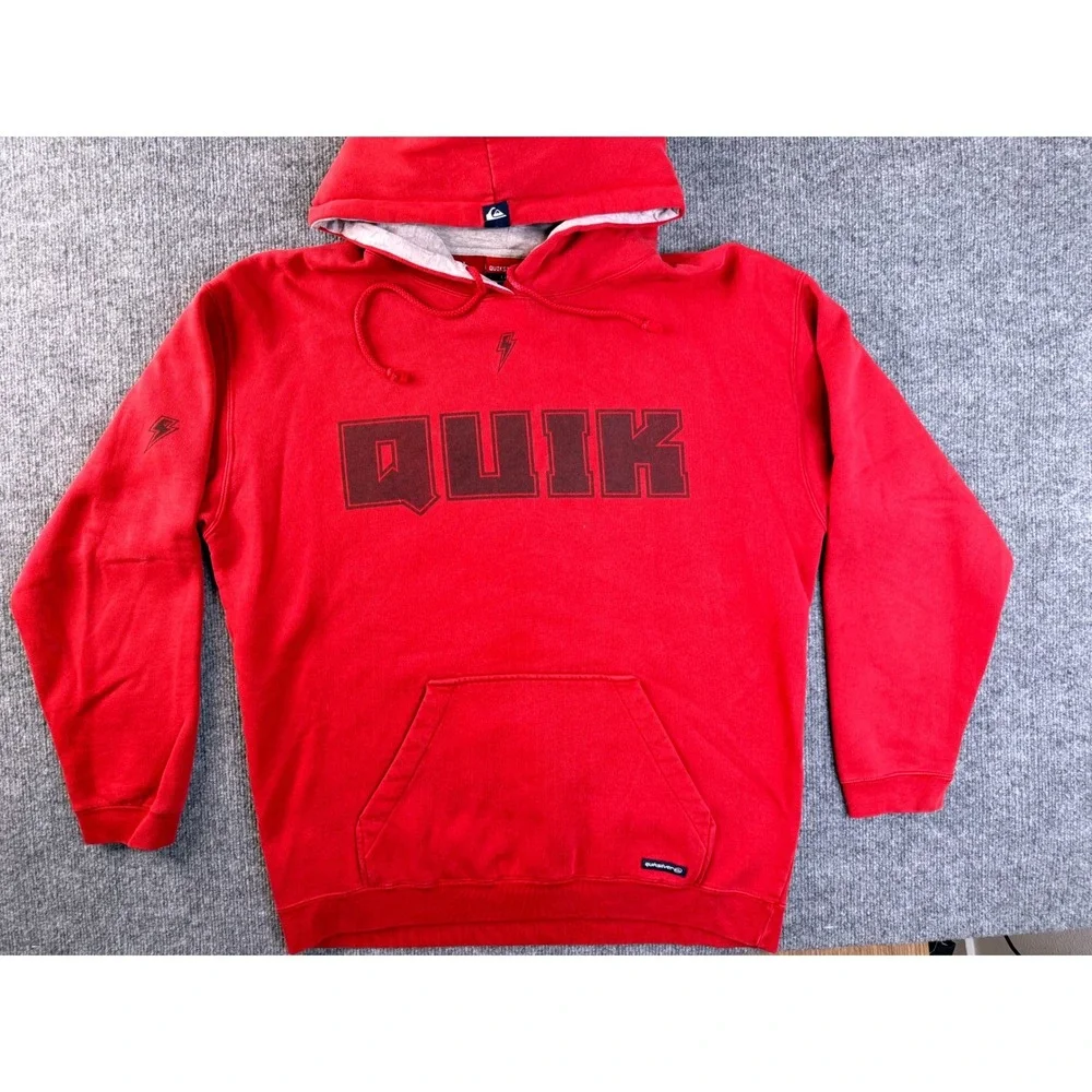 Quiksilver Mens Large Red Graphic Hoodie Cotton Fleece Pullover Skate Sweatshirt
